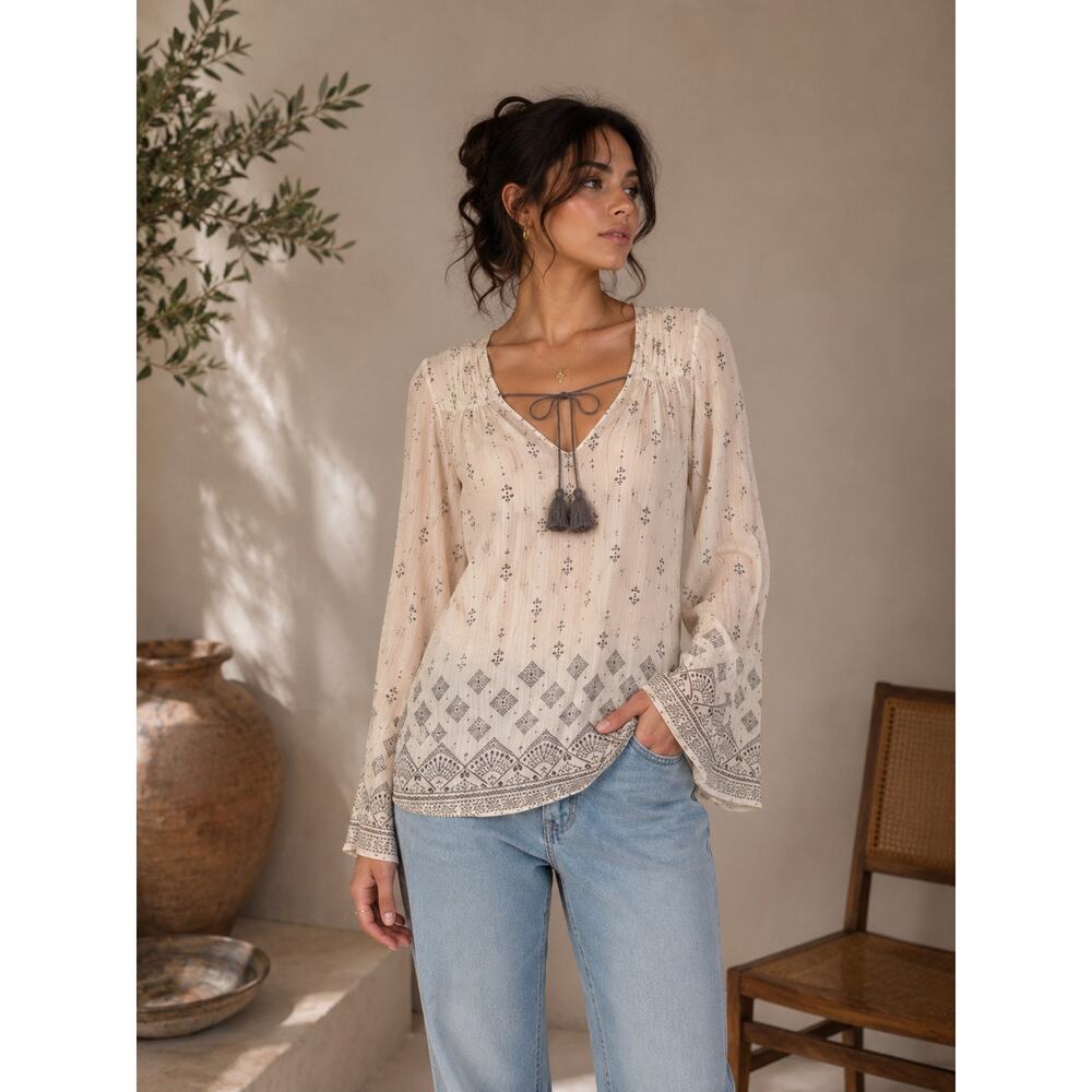 VTG Lucky Brand Peasant Top M Boho Praire Festival Tassel Semi Sheer Cottagecore